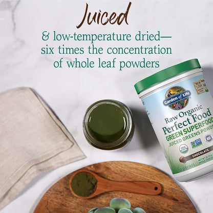 Garden of Life Raw Organic Perfect Food Green Superfood Juiced Greens Powder - Chocolate, 60 Servings, Non-GMO, Gluten Free, Vegan Whole Food Dietary Supplement Plus Probiotics, Enzymes
