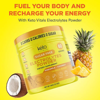 Keto Vitals Electrolytes Powder - Sugar Free Keto Electrolytes Powder with Potassium, Magnesium, Sodium, & Calcium - No Sugar Electrolyte Drink Mix & Hydration Powder, 60 Servings, Pineapple Coconut