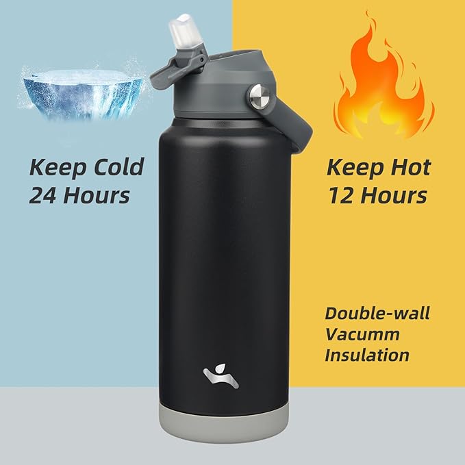 Insulated Water Bottle with Straw Lid,32 oz Stainless Steel Vacuum Metal Bottle with Silicone Handle,Black