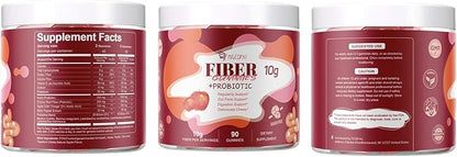 Fiber Gummies with Probiotics,10G Fiber per Serving No Sugar Added Apple Flavor, with 10 Billion CFU Probiotics Blend, Apple Cider Vinegar, Vitamin C, Inulin, Bloating Support 90 Count