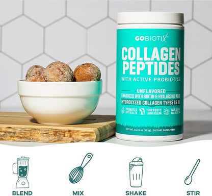 GOBIOTIX Collagen Powder Supplement with Probiotics - Hydrolyzed Protein Collagen Powder for Women - Hair Skin and Nails, Joint and Digestive Health - Collagen Peptides Type I and III - 30 Servings
