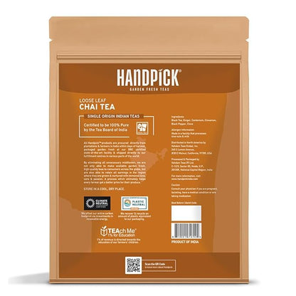 HANDPICK, Premium Chai Tea Loose Leaf (340g/12oz) | Blend Of Black Tea - Masala Chai Tea With Cinnamon, Cardamom, Cloves & Black Pepper | Resealable Ziplock Pouch