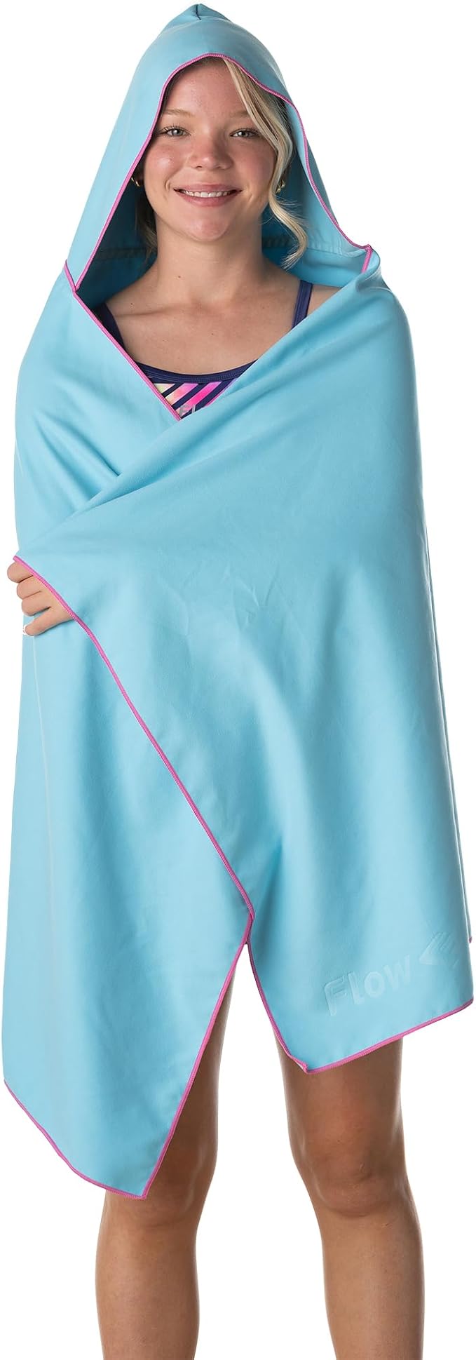 Flow Hydro Sport Towel - Microfiber Quick Dry Swimming Towels for Swim, Pool, Triathlon, and Other Water Sports in Medium, Large, Extra Large, and Hooded Sizes (Aqua, Large w/Hood)