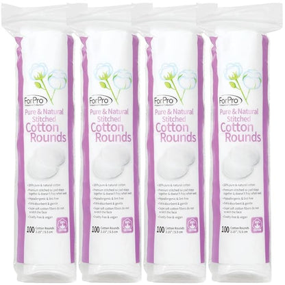 ForPro Pure & Natural Stitched Cotton Rounds for Face (400-Count), 100% Pure Cotton Makeup Remover Pads, Hypoallergenic, Lint-Free, Vegan & Cruelty-Free, Pack of 4-100 Cotton Pads