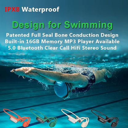 HAO Swimming Headphones True Bone Conduction Open Ear Headset MP3 Player Built-in 32G Memory IP68 Underwater Waterproof Stereo Bluetooth Earphone for Driving Bicycling Running Skiing