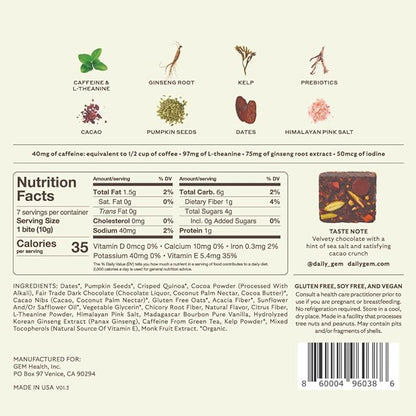 GEM Energy Caffeinated Bite, 40mg Caffeine, Ginseng Root, L-Theanine, Holistic Sustained Energy, Supports Metabolism, Stanima & Endurance | Chocolate Cacao Sea Salt | 28 Servings