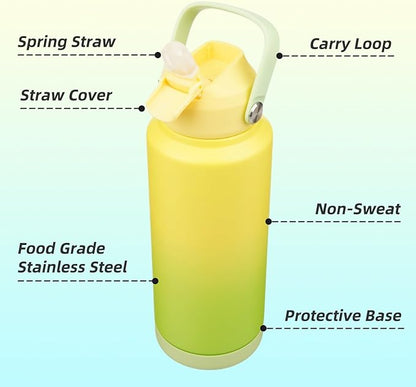 Insulated Water Bottle with Straw Lid,32 oz Stainless Steel Vacuum Metal Bottle with Silicone Handle,Lime