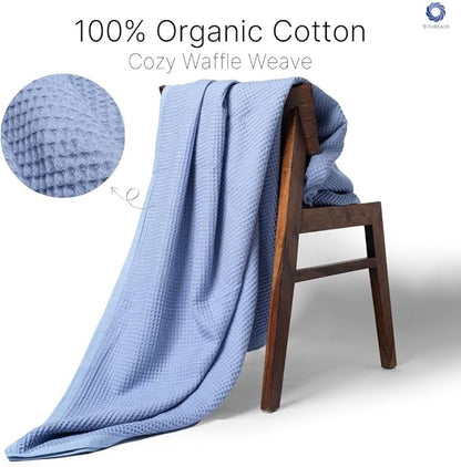 GOTS Certified Organic Cotton Waffle Weave Blanket, Queen Bed Size, 90"X90"Cozy Throw Blanket for Couch, Modern Home Decor, Throw Blankets, Waffle Blanket, Soft Bed Blankets - Powder Blue