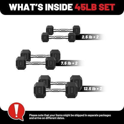 PAPABABE Hex Dumbbell Set 45-550 lb, Rubber Encased Home Gym Dumbbells, Weights Dumbbells for Women & Men, Hand Weight for Strength Training