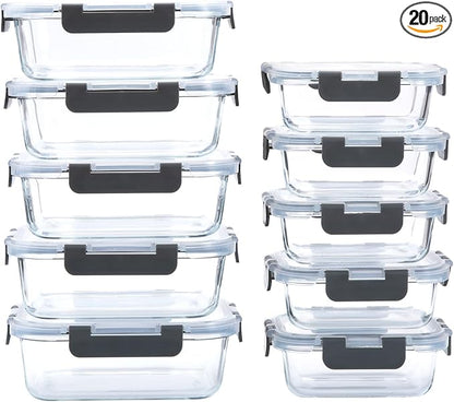 10-Pack Glass Food Storage Containers with Lids [Air-Tight,Leak-Resistant] Glass Containers for Food Storage, Meal Prep, Microwave, Freezer, Dishwasher Safe