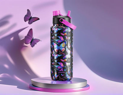 40 oz Insulated Water Bottle with 2-in-1 Straw and Spout Lid, Keep Cold 24H, Leak-Proof, BPA-Free, Double Wall Stainless Steel Water Bottle for Sports, Gym, Travel, and School (Butterfly Waltz)