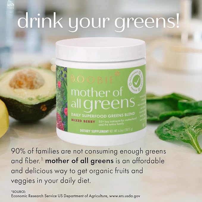 Boobie Mother of All Greens | Your New Family Ritual, Daily Super Greens Powder with 35+ Essential Nutrients for Moms & Families | Vegan, Gluten Free, & Sugar Free | Mixed Berry Flavor, 60 svgs