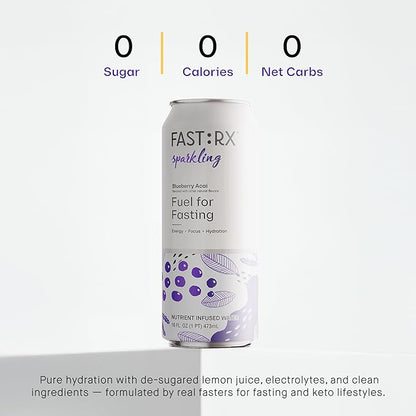 FASTRX Blueberry Acai Sparkling Fasting Electrolyte Drink – Hunger Suppressant, Includes Essential Electrolytes and Vitamins, De-Sugared Lemon Juice – Zero Sugar, 16 Fl Oz, Pack of 12