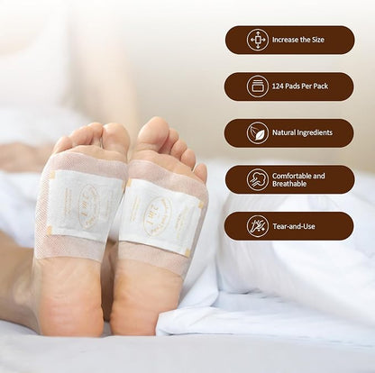 2 in 1 Foot Pads, 124 Pads Bamboo Vinegar Coconut Shell Powder Foot Pads with ''Stay in Place'' Bigger Adhesive Sheet