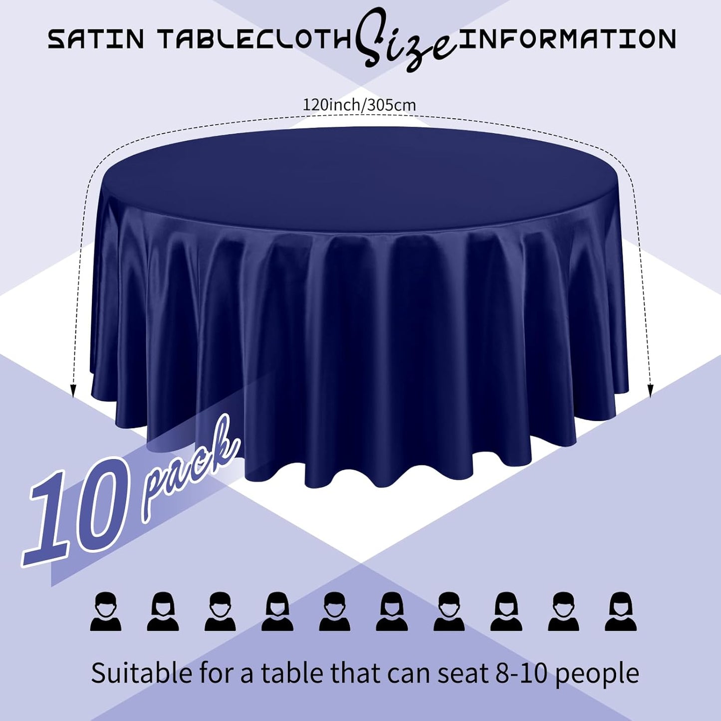 10 Packs Satin Tablecloth 120 Inch Navy Blue Round Table Cloth Silk Tablecloth Smooth Fabric Overlay Satin Table Cover Decoration for Wedding Party Banquet Events