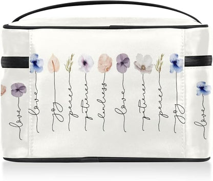Large Makeup Bag Travel Cosmetic Bags for Women Watercolor Vintage Boho Spring Flower Floral Makeup Organizer Case Toiletry Bag for Girls Traveling Wide Open Portable Pouch with Handle