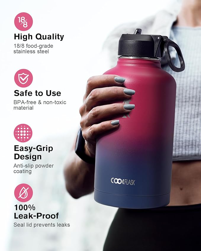 Half Gallon Water Bottle Insulated with Straw & 3 Lids, Coolflask 64 oz Water Jug Large Metal Stainless Steel Wide Mouth for Sports, Gym or Office, Non-BPA Keep Cold 48H Hot 24H, Ombre Wine/Navy