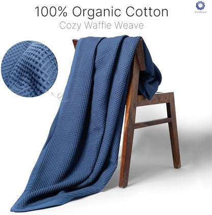 GOTS Certified Organic Cotton Waffle Weave Blanket, King Bed Size,108"X90" Cozy Throw Blanket for Couch, Modern Home Decor, Throw Blankets,Comfy Waffle Blanket Soft Bed Blankets-Navy Blue