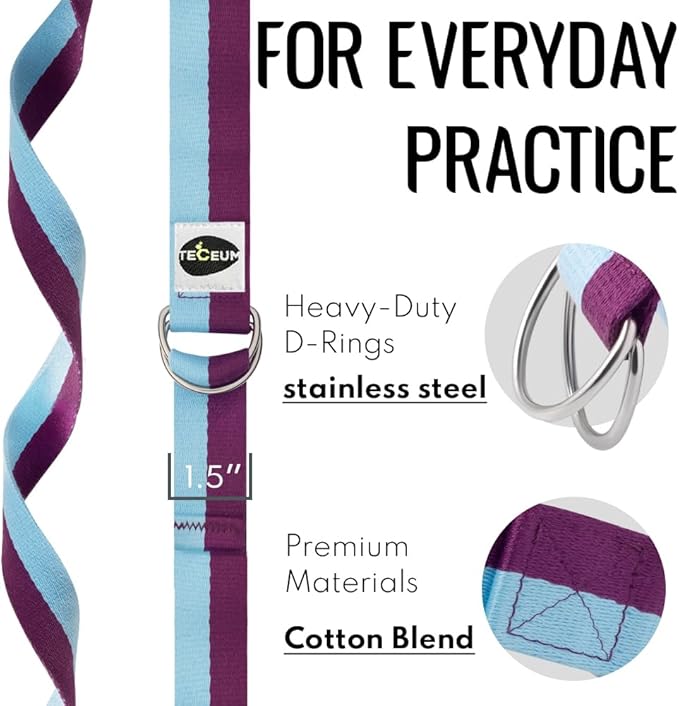 TECEUM Yoga Strap & Mat Strap – 2 IN 1 – Cotton – 6 ft 8 ft 10 ft (30+ colors) – Adjustable Non-Slip Belt for Yoga, Pilates, Stretching, Physical Therapy, Fitness & Home Workout – For Carrying Mats