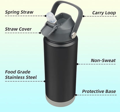 Insulated Water Bottle with Straw Lid,24 oz Stainless Steel Vacuum Metal Bottle with Silicone Handle,Black