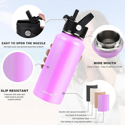 Water Bottle Insulated 32oz 40oz 64oz 128oz Straw Lid Spout Lid & 3 Lids, Leak Proof, Vacuum Insulated,Stainless Steel Water Bottle Wide Mouth for Sports, Gym or Office