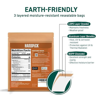 HANDPICK Yellow Mustard Seed (397g/14oz) Non GMO, Gluten Free, 100% Raw, Sourced from India, For Cooking, Pickles, Packed in Resealable Ziplock Pouch