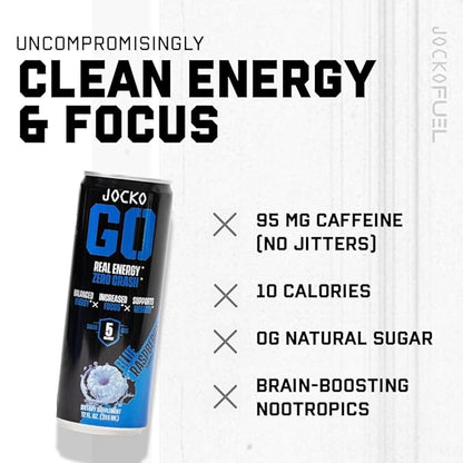 Jocko Fuel Blue Raspberry Energy Drink, 12 Pack, 0 Sugar, 95mg Caffeine, Supports Brain Health