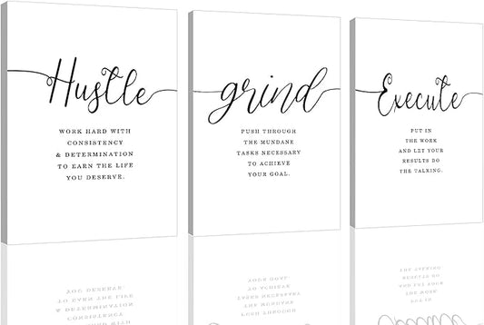 Framed Canvas Wall Art Hustle Quote, Office Wall Art, White Large Poster, Positive Motivational Set of 3 Prints, Execute Hustle Grind, Inspirational Print (H-3pcs,20x30inchx3pcs)