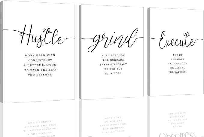 Framed Canvas Wall Art Grind Hustle Quote Poster, Office Wall Art, Positive Motivational Set of 3 Prints, Hustle prints Execute, Inspirational Wall Decor Art (H-3pcs,12x16inchx3pcs)