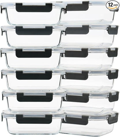 12 Pack 22oz Glass Meal Prep Containers, Food Storage Containers with Lids, Air-Tight, Leak-Resistant, Freezer to Microwave Safe - Grey Set