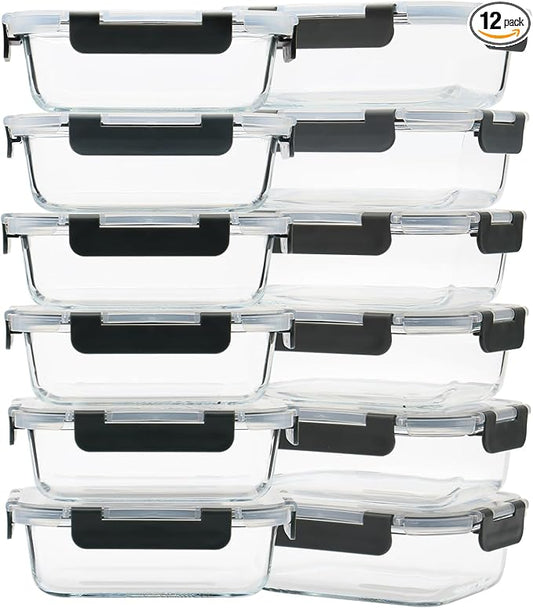 12 Pack 22oz Glass Meal Prep Containers, Food Storage Containers with Lids, Air-Tight, Leak-Resistant, Freezer to Microwave Safe - Grey Set