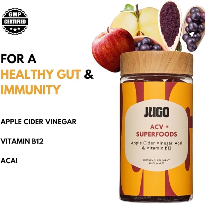 JUGO Apple Cider Vinegar + SUPERFOODS | ACV Gummies with Vitamin B12 & Acai | 40 Count Digestive Support Gummies | Plant-Based, Gelatin- Free, Non-GMO, Made in USA