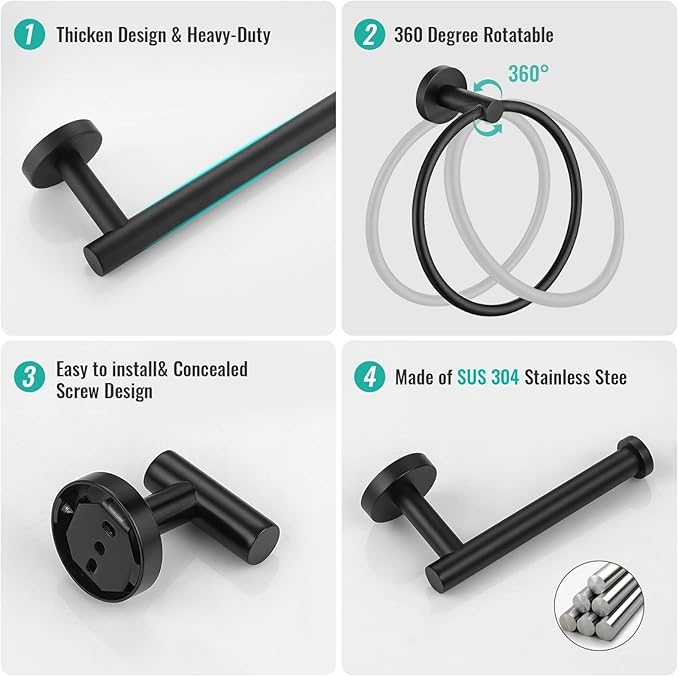 10-Piece Towel Bar Set Matte Black Bathroom Hardware 23.6 in
