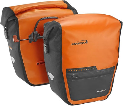 Ibera Panniers Bike Bags 30L (Pair) - Waterproof & with Quick Release/Clip-On System - Bike Saddle Bags For Rear Rack with Rain Cover & 19.8 lbs Capacity - Saddle Bag Bicycle Fits Most Racks (Orange)
