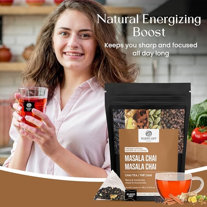 Blendart India's Original Masala Chai Tea bags 50 Count | Eco- Conscious Tea Bags | Premium Assam Black Tea | Ginger and Cardamom Flavour | Whole Loose leaf Tea bags | Indian Spiced Chai Tea Bags