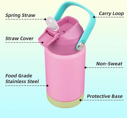 Insulated Water Bottle with Straw Lid,12 oz Stainless Steel Vacuum Metal Bottle with Silicone Handle,Rose Pink