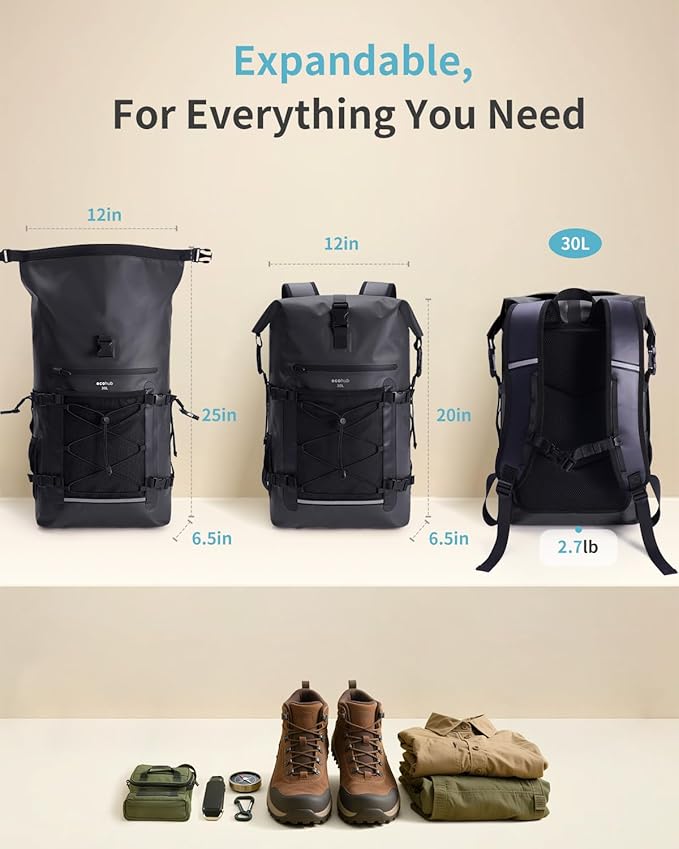 ECOHUB Waterproof Backpack for Women Men, 30L Roll-Top Closure Heavy Duty Dry Bag for Travel with IPX8 Waterproof Phone Case