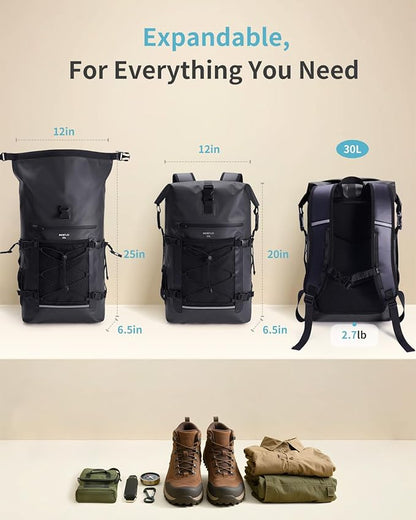 ECOHUB Waterproof Backpack for Women Men, 30L Roll-Top Closure Heavy Duty Dry Bag for Travel with IPX8 Waterproof Phone Case