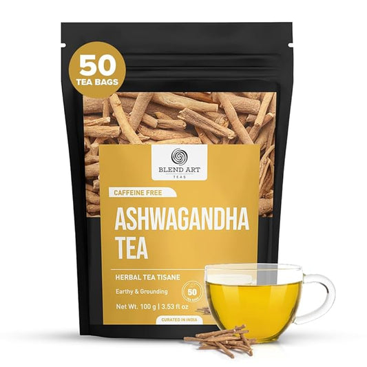 BlendArt Teas - Ashwagandha Root TeaBags - 50 Count - Pyramid Tea Bag |Ancient Adaptogen Superfood for Men and Women | Helps in Relive Stress | Promote Cleansing & Wellness | Caffeine Free | Ziplock Pouch