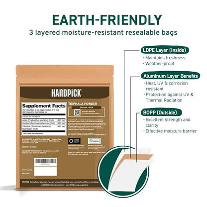 HANDPICK Triphala Powder (397g/14oz) Non GMO, Gluten Free, 100% Raw, Sourced from India, Herbal Formula of Amla, Haritaki, Bibhitaki, Packed in Resealable Zip Lock Pouch