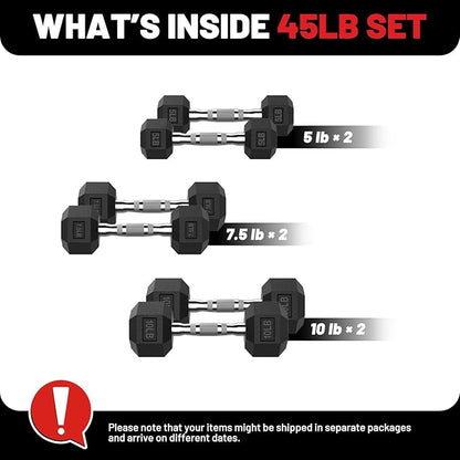 PAPABABE Hex Dumbbell Set, 45-135 lb Rubber Encased Home Gym Dumbbells, Weights Dumbbells Set for Women & Men, Hand Weight with Anti-Slip Grip