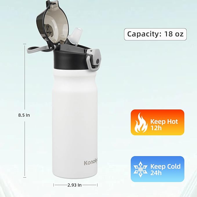 Insulated Water Bottle with Straw and Carry Loop,18 oz Stainless Steel Double Wall Vaccum Metal Water Flask with Leak-proof Lid,White
