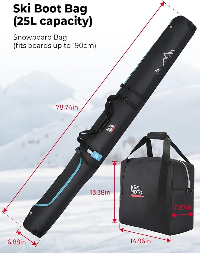 KEMIMOTO Ski Bag and Boot Bag Combo, Snowboard Bag Padded Ski Bags for Air Travel, Snow Ski Bags Fit Skis Up to 200cm, Ski Double Bag Combo