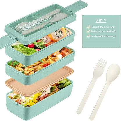Iteryn Bento Box Lunch Box, 3-In-1 Compartment Containers - Wheat Straw, Leakproof Stackable Bento Lunch Box Meal Prep