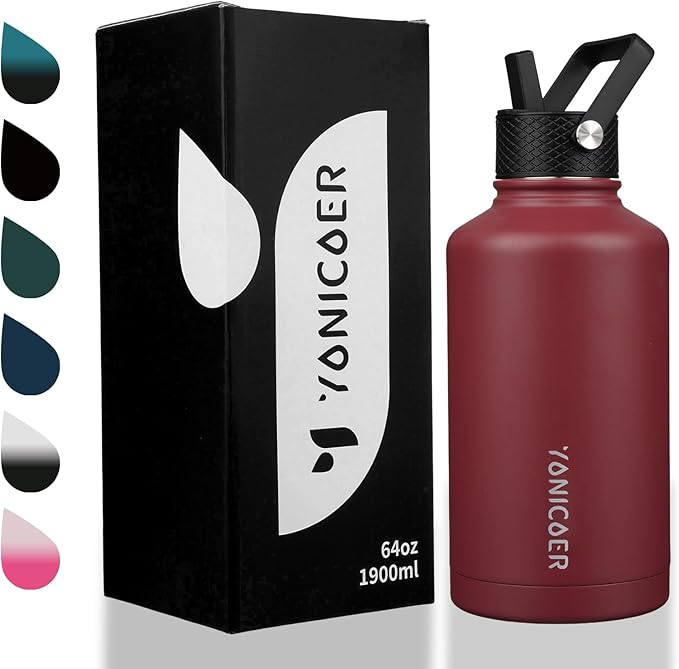 Insulated Water Bottle 64oz,Triple Wall Vacuum Stainless Steel(Dishwasher Safe),Leak Proof & Non-BPA,Flask Jug with Paracord Handle & Straw Spout Lids Sports