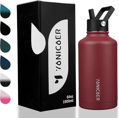 Insulated Water Bottle 64oz,Triple Wall Vacuum Stainless Steel(Dishwasher Safe),Leak Proof & Non-BPA,Flask Jug with Paracord Handle & Straw Spout Lids Sports