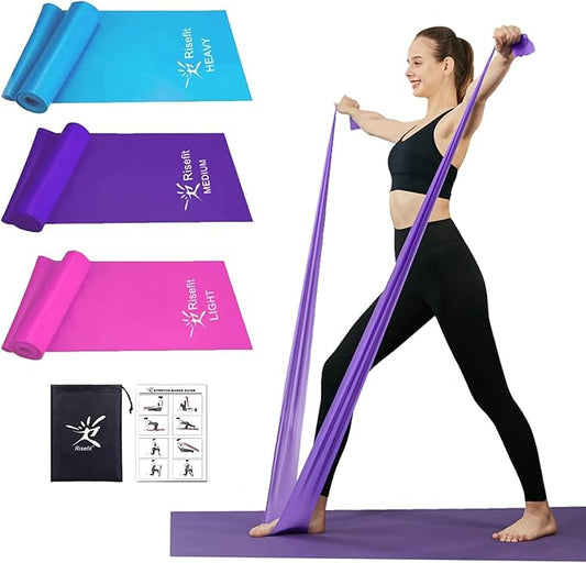 Therapy Flat Resistance Bands Set, Latex Free Flat Elastic Exercise Stretch Bands for Stretching, Flexibility, Pilates, Yoga, Ballet, Gymnastics, Rehab, Workout, Pink, Purple, Blue (3 Pack, 5 FT long)