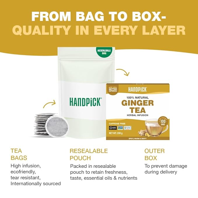 HANDPICK, Ginger Tea Bags, Caffeine Free & 100% Pure Ginger Root | Soothing & Spicy Blend | Round Eco Conscious Teabags