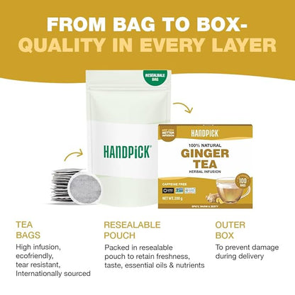 HANDPICK, Ginger Tea Bags, Caffeine Free & 100% Pure Ginger Root | Soothing & Spicy Blend | Round Eco Conscious Teabags