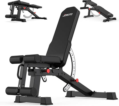 JOROTO MD65 Adjustable Weight Bench, 1700LB Heavy Duty Workout Bench for Home Gym, Flat Incline Decline Sit Up Utility Bench Press with 9 Backrest & 3 Seat Positions, Removable Leg Support & Wheels